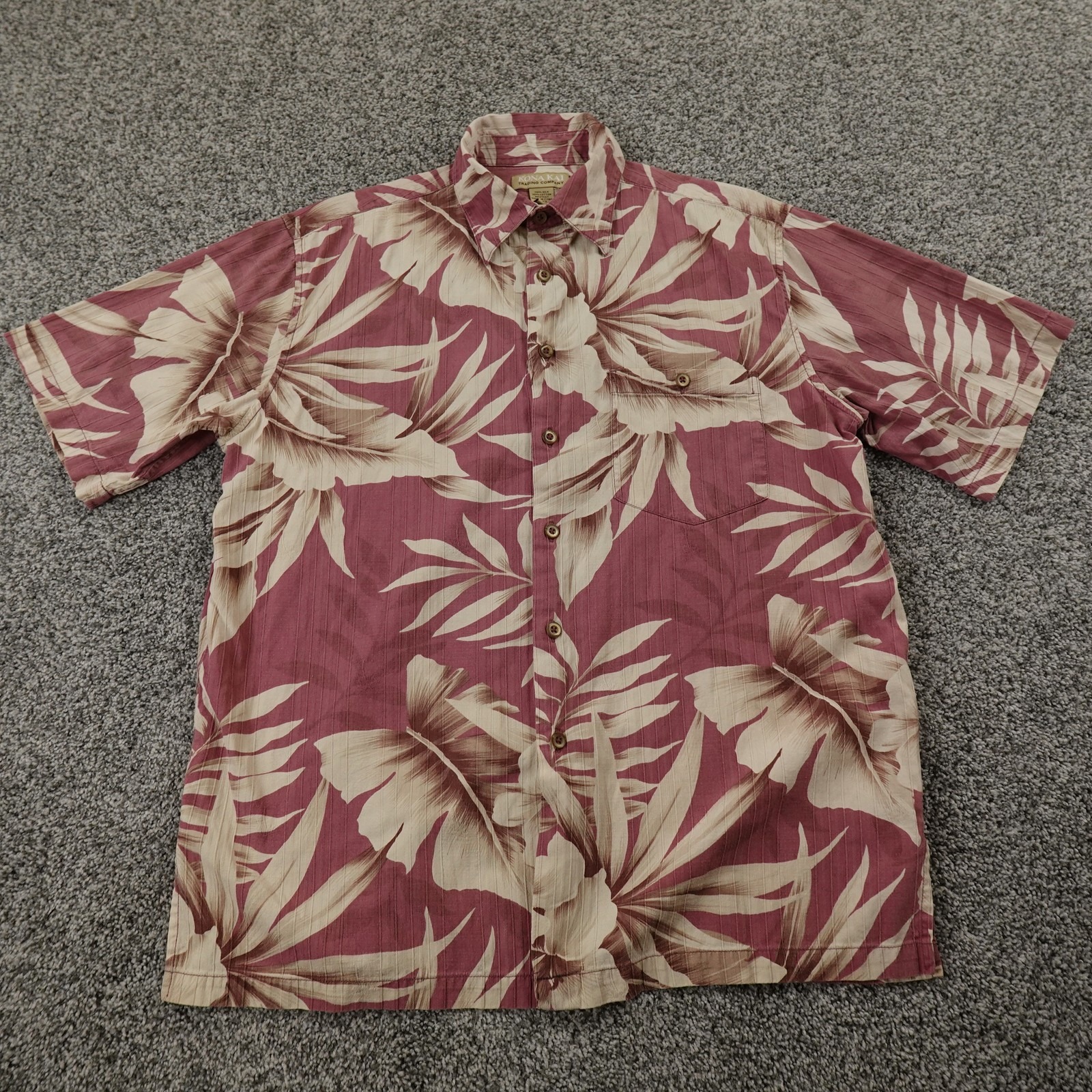 Kona Kai Shirt Mens M Purple Beige Silk Hawaiian Aloha Floral Hibiscus Casual